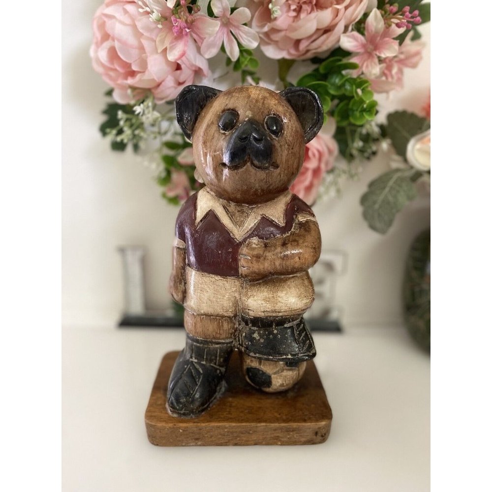 Vintage Wooden Bear Statue Large 10" Soccer Teddy Bear Kids Room Decor Figurine